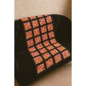 Handmade Crochet Granny Square Blanket Afghan Black Pastel Hippie Retro Coastal